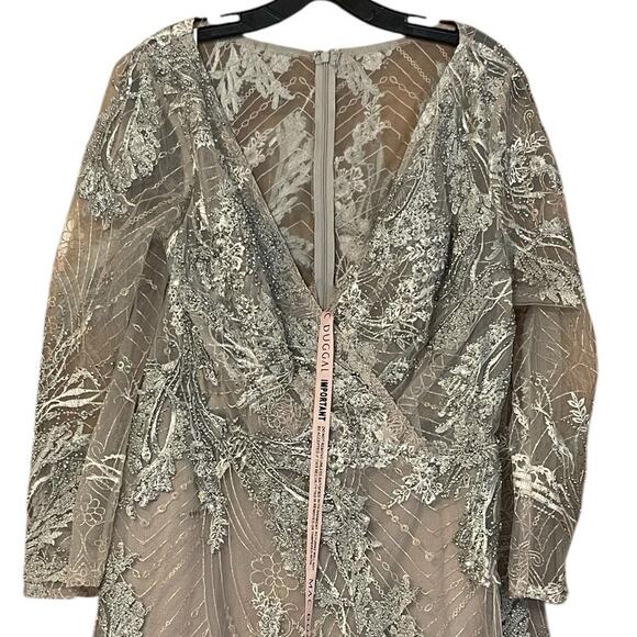 Mac Duggal 16 20336 NEW Platinum Silver Embellished Wrap Over 3/4 Sleeve Dress - Picture 6 of 13